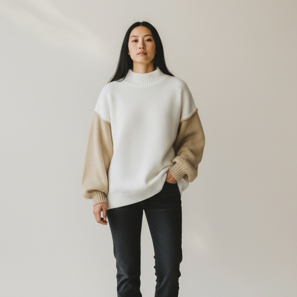 Saodimallsu Oversized Textured Knit Sweater White & Beige Women’s Medium NWT